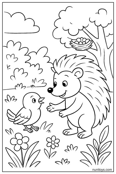 דף צביעה של קיפוד פוגש גוזל ליד קן על עץ