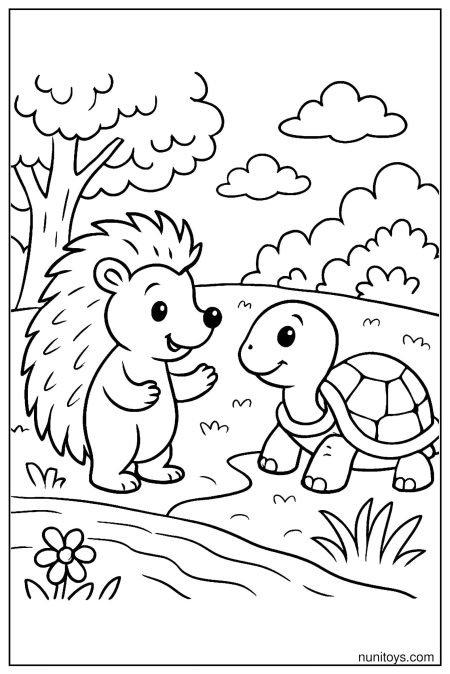 דף צביעה של קיפוד וצבת נפגשים ליד שביל בטבע