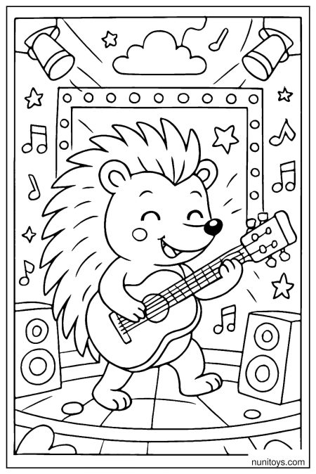 דף צביעה של קיפוד מנגן בגיטרה על במה עם רמקולים