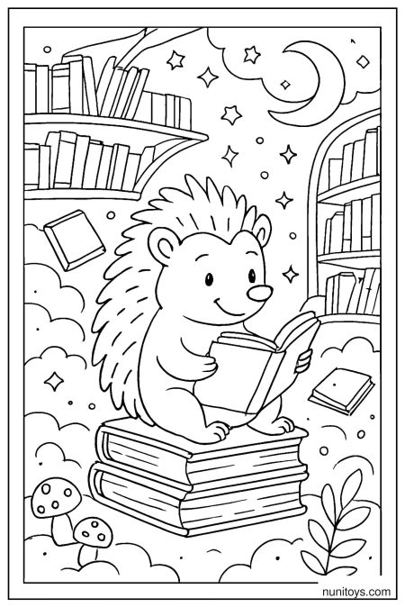 דף צביעה של קיפוד קורא ספר יושב על ערימת ספרים