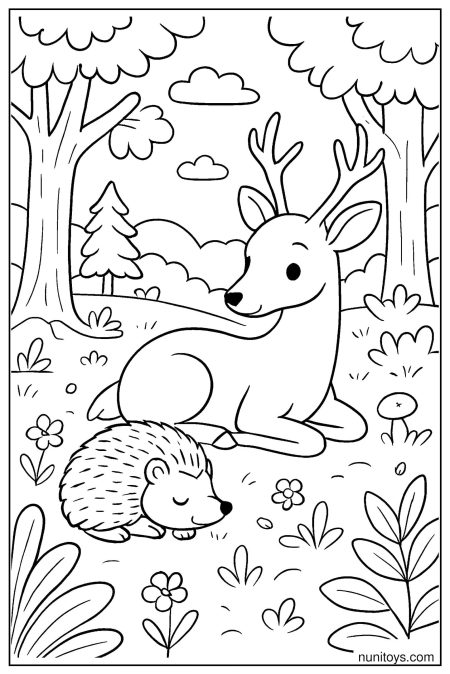 דף צביעה של קיפוד ישן ליד אייל ביער שקט