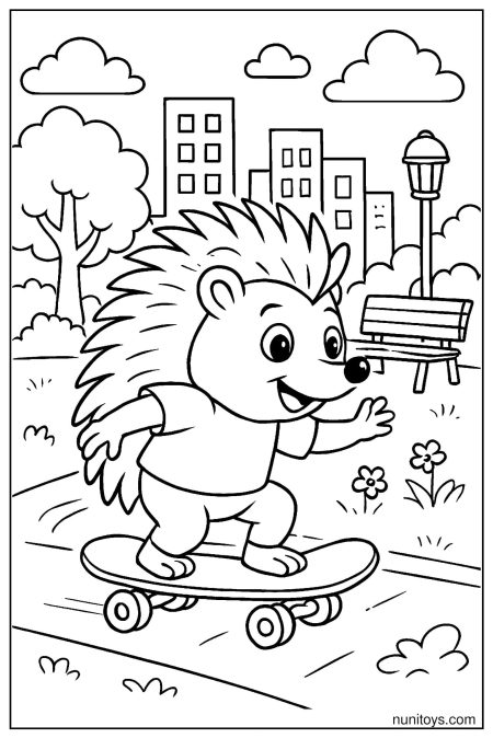 דף צביעה של קיפוד נוסע על סקייטבורד בפארק בעיר