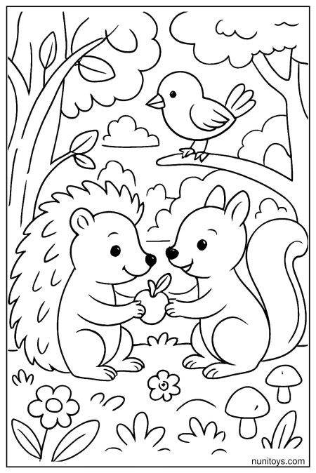 דף צביעה של קיפוד וסנאי מחזיקים תפוח יחד ביער