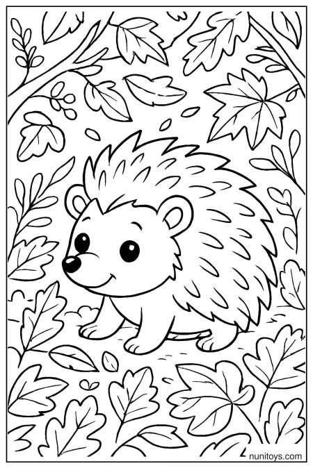 דף צביעה של קיפוד מוקף עלים נושרים על הקרקע