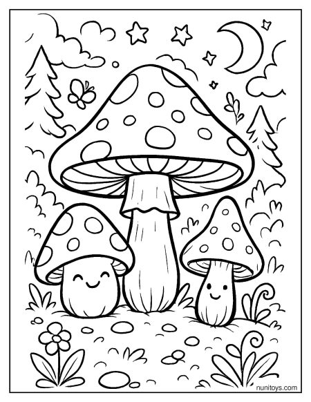 Night Forest Mushroom Trio Coloring Page
