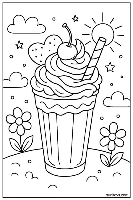 דף צביעה של מילקשייק עם קצפת, דובדבן ולב מתוק