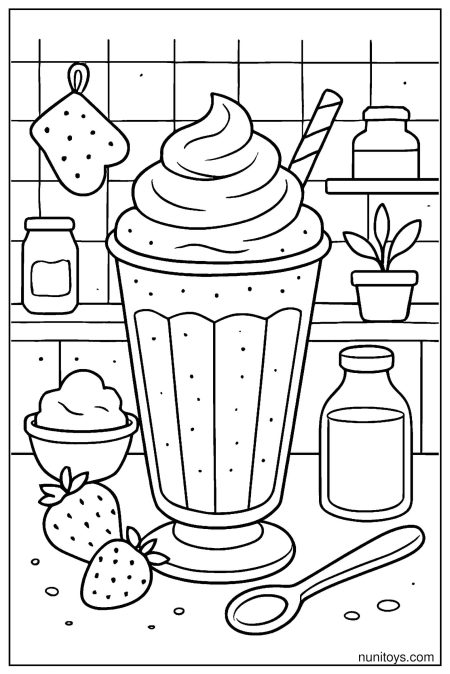 דף צביעה של מילקשייק עם קצפת ותותים במטבח
