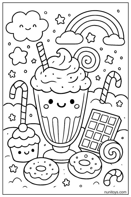 דף צביעה של מילקשייק חמוד עם ממתקים וקשת בענן