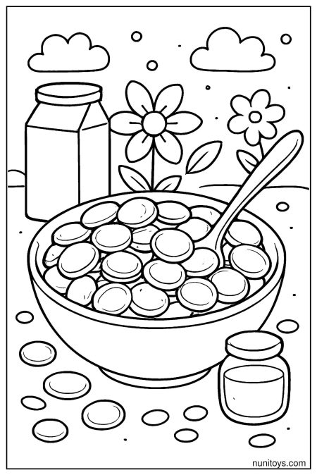 דף צביעה של קערת פנקייקים קטנים עם כפית וחלב