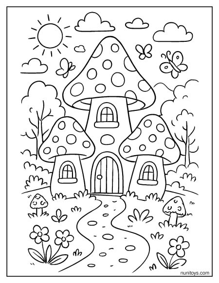 Mushroom Castle Village Path Coloring Page