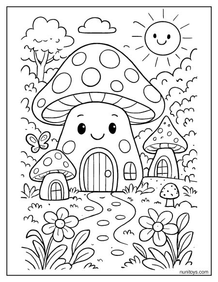 Whimsical Mushroom House Path Coloring Page
