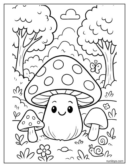 Cute Mushroom Character Under a Spotted Cap Coloring Sheet