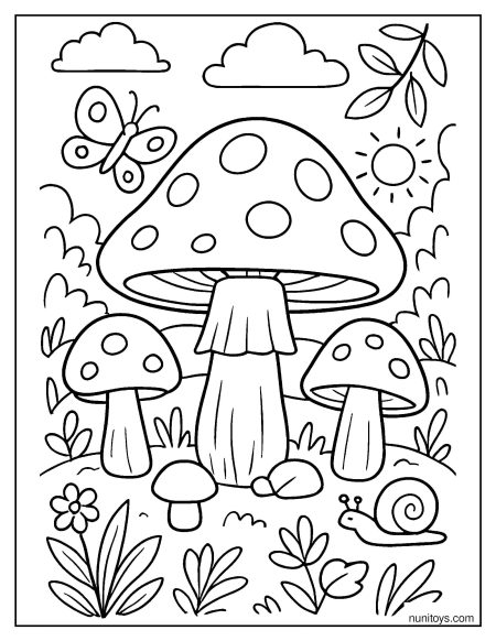 Forest Mushrooms with Snail and Butterfly Printable Coloring Page