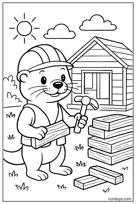 דף צביעה של לוטרה בנאי עם פטיש ולבנים ליד בית