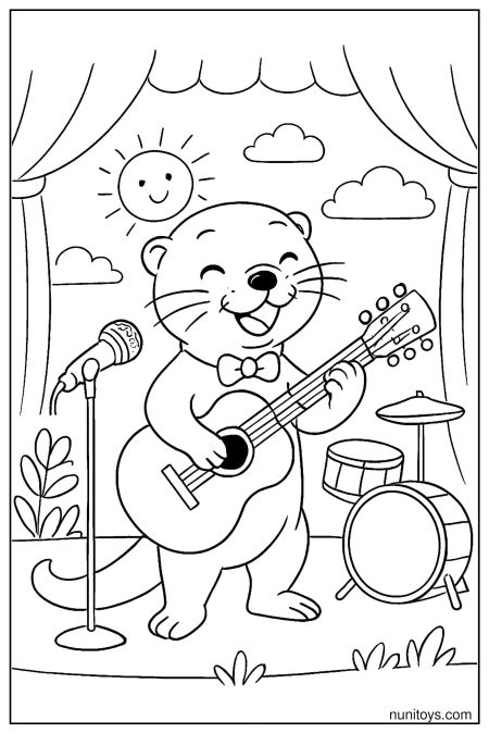 דף צביעה של לוטרה מנגנת בגיטרה על במה עם מיקרופון