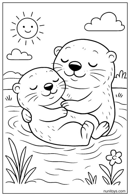 דף צביעה של שתי לוטרות מתחבקות במים