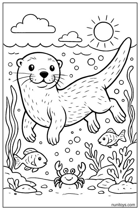 דף צביעה של לוטרה שוחה מעל דגים וצמחי מים