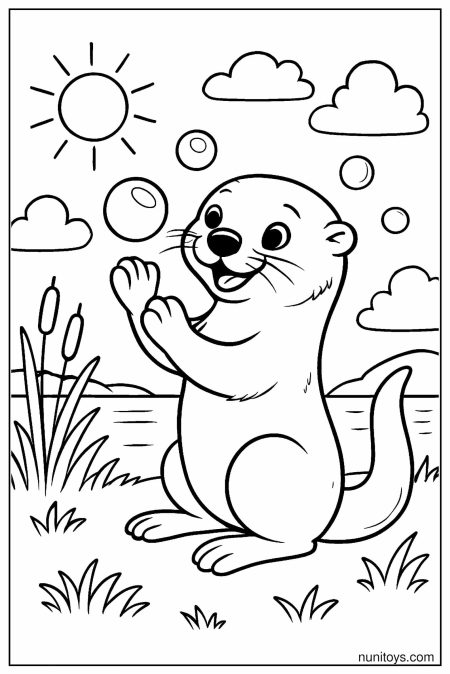 דף צביעה של לוטרה משחקת עם בועות ליד המים