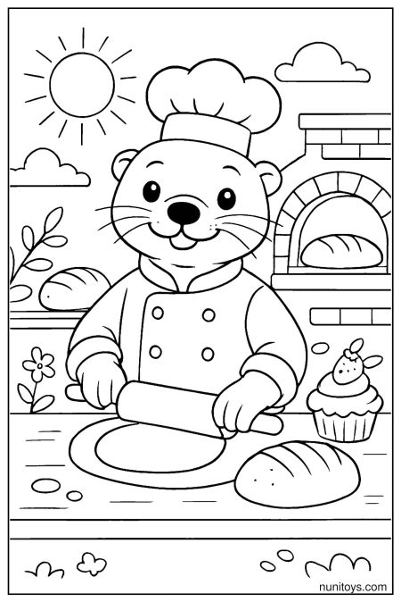 דף צביעה של לוטרה אופה במטבח עם מערוך ובצק