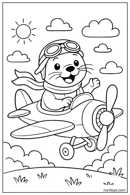 דף צביעה של לוטרה טייסת טסה במטוס קטן בשמיים