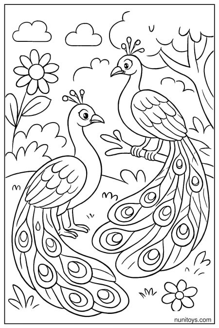 דף צביעה שני טווסים יושבים על ענף עם זנבות ארוכים