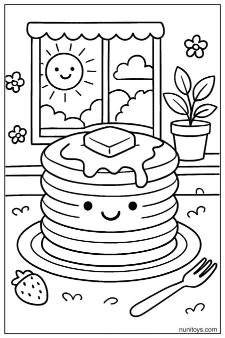 דף צביעה של פנקייק מחייך עם חמאה ליד חלון ושמש