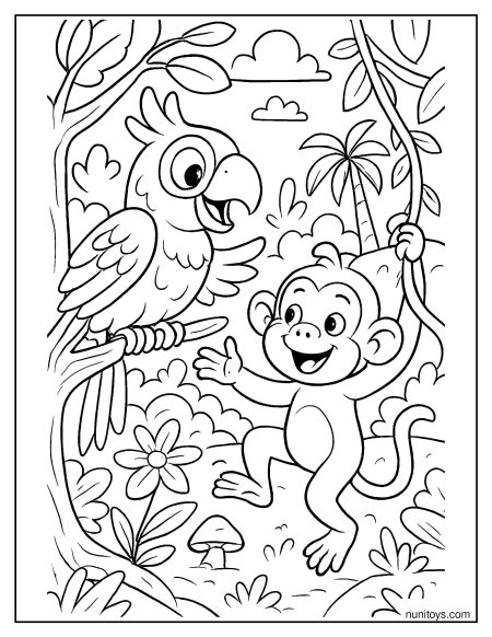 תוכי וקוף משחקים יחד בג׳ונגל דף צביעה לילדים