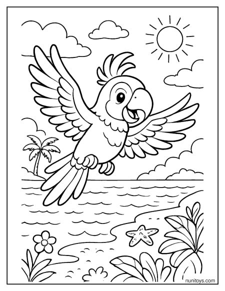 תוכי עף מעל הים דף צביעה עם חוף טרופי ושמש זורחת