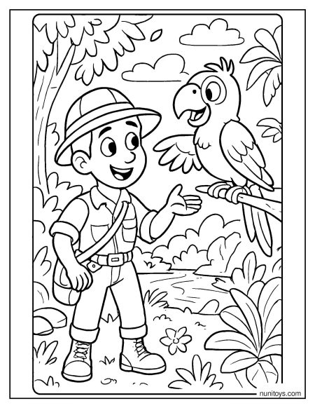 ילד חוקר ותוכי בג׳ונגל ציור לצביעה הרפתקני לילדים