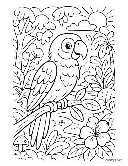 תוכי חמוד ביער אקזוטי דף צביעה עם פרחים וצמחייה