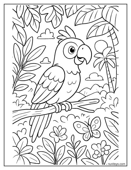 דף צביעה של תוכי חמוד בג׳ונגל טרופי בין פרחים ופרפרים