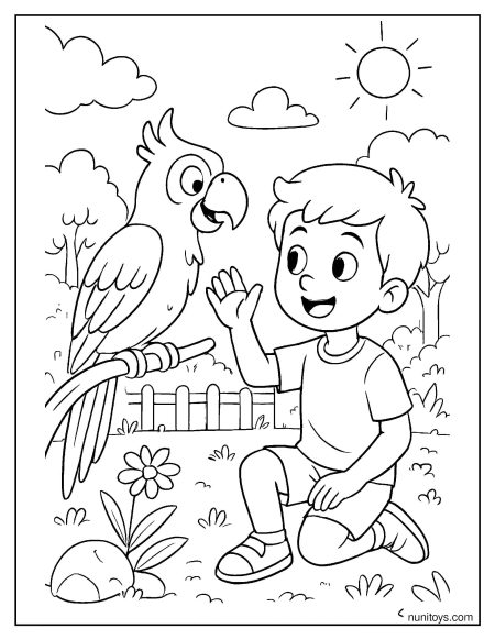 ילד ותוכי מדברים יחד בגינה דף צביעה לילדים