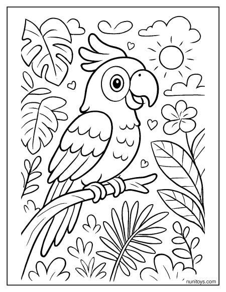 דף צביעה של תוכי חמוד בין עלים טרופיים ושמש מחייכת