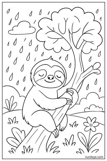 דף צביעה של עצלן מחבק ענף עץ בגשם