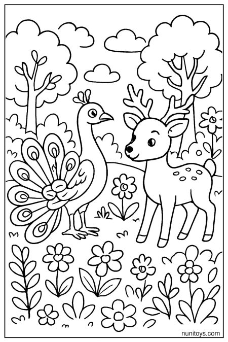 דף צביעה טווס ואייל עומדים יחד בין פרחים בשדה