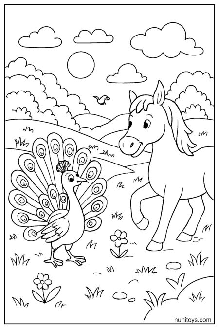 דף צביעה טווס קטן עומד מול סוס בשדה פתוח