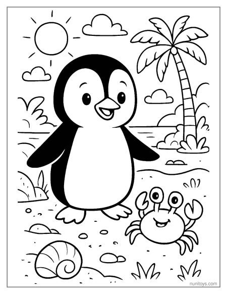 Coloring Page Penguin Meeting Cute Crab on Beach