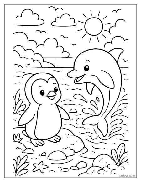 Coloring Page Dolphin Jumping Beside Happy Penguin