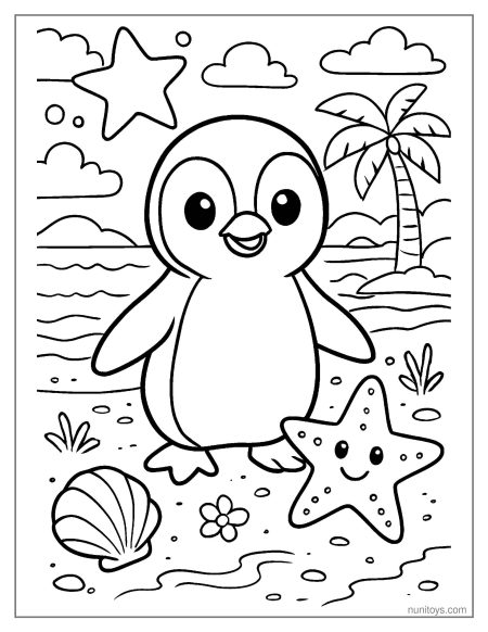 Penguin with Starfish Beach Coloring Sheet