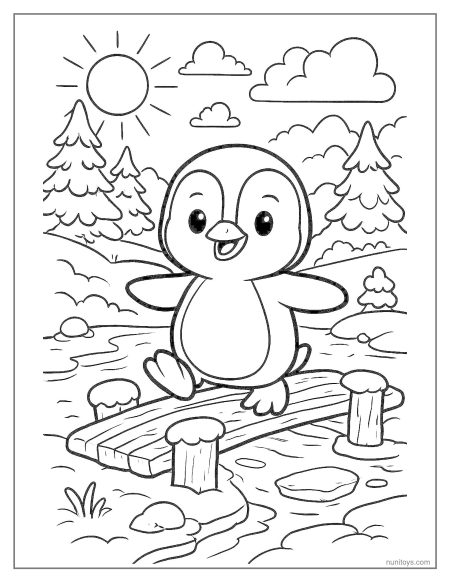 Penguin Balancing on Dock by Water Coloring Page