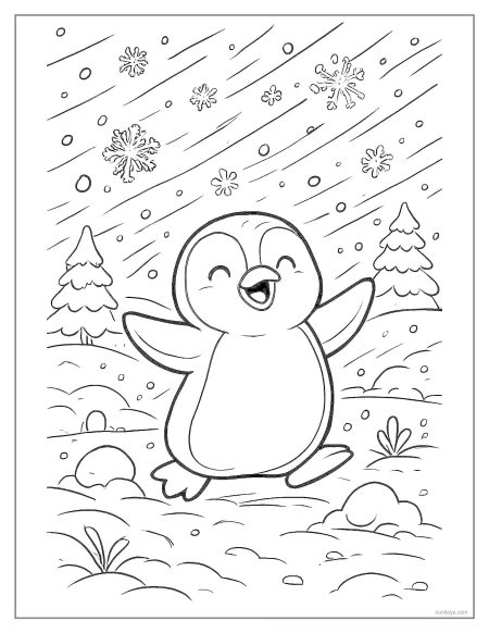 Snowy Penguin Playing Under Falling Snow Coloring Page