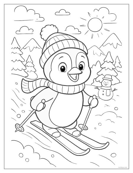 Penguin Skiing Down a Snowy Hill Coloring Page