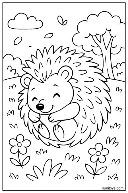 דף צביעה של קיפוד מתגלגל לכדור בין פרחים בשדה