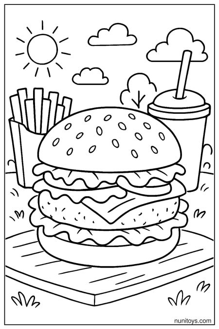 Realistic Burger Coloring Page for Free Printable Fun