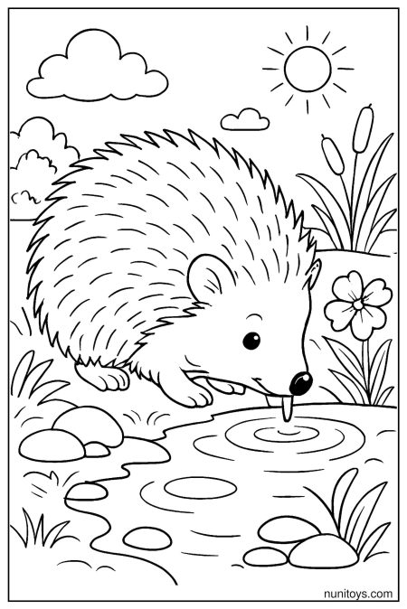 דף צביעה של קיפוד שותה מים מנחל קטן בטבע