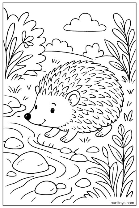 דף צביעה של קיפוד הולך ליד נחל בין אבנים וצמחים