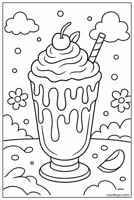 דף צביעה של מילקשייק עם קצפת וציפוי נוזל ודובדבן