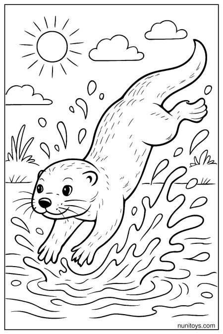 דף צביעה של לוטרה קופצת למים עם התזות