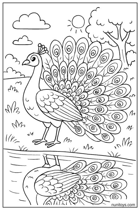 דף צביעה טווס עם זנב פתוח משתקף במים