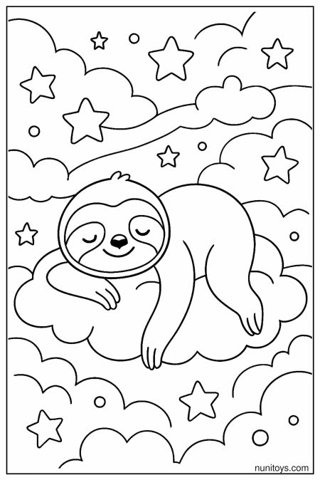 דף צביעה של עצלן ישן על ענן בין כוכבים בשמיים